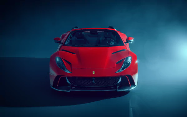 Front view of a red Ferrari 812 GTS supercar in moody blue lighting, 5K Ultra HD PC desktop wallpaper/background.