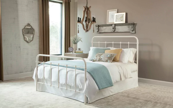 HD desktop wallpaper featuring a neatly made bed with white and blue bedding in a serene bedroom setting.