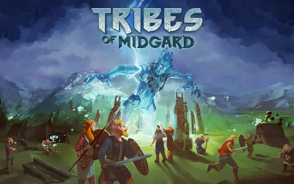 HD wallpaper featuring Tribes of Midgard game art with characters and a giant for desktop background.