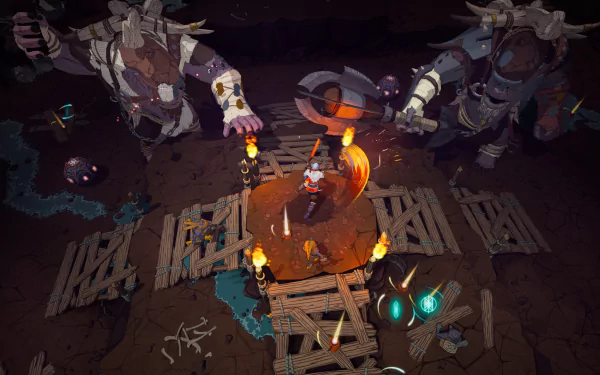 HD desktop wallpaper featuring a scene from Tribes of Midgard with characters defending a village at night.