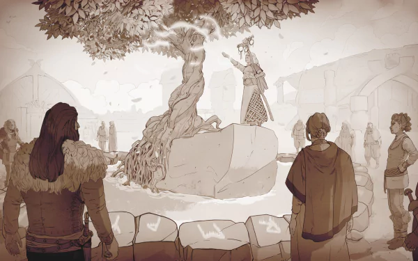 HD wallpaper featuring a sepia-toned scene from Tribes of Midgard, displaying characters witnessing a ritual around a mystical tree.