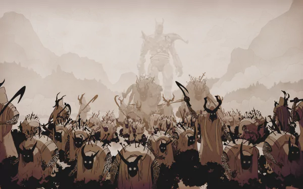 HD desktop wallpaper featuring an epic scene from the game Tribes of Midgard with a large creature and warriors ready for battle, set against a backdrop of misty mountains.