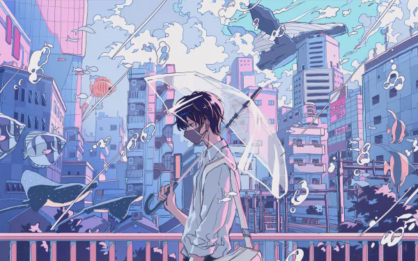 HD anime wallpaper featuring a boy holding an umbrella, set against a vibrant urban background with floating musical notes.