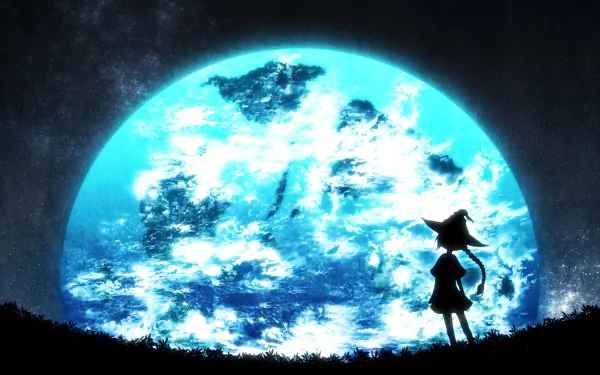 Anime Halloween scene with a silhouetted witch girl standing against a glowing blue full moon in a 4K Ultra HD PC desktop wallpaper background.