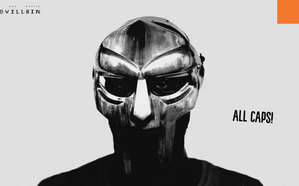 HD desktop wallpaper: stark black-and-white portrait of a metal-masked hip-hop icon in Madvillainy-style artwork, bold silhouette with ALL CAPS! text to the right.
