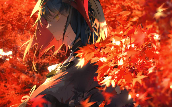 Kujou Sara (Genshin Impact) 2K Quad HD PC desktop wallpaper — side-profile portrait framed by vivid red maple leaves and warm autumn light.