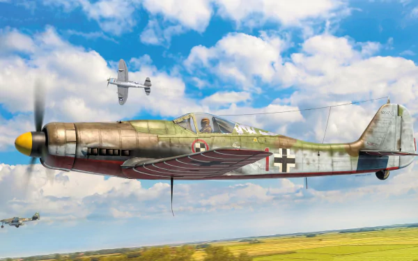 HD PC desktop wallpaper of a Luftwaffe Focke-Wulf Fw 190 warplane with German military markings flying over fields under a blue sky.