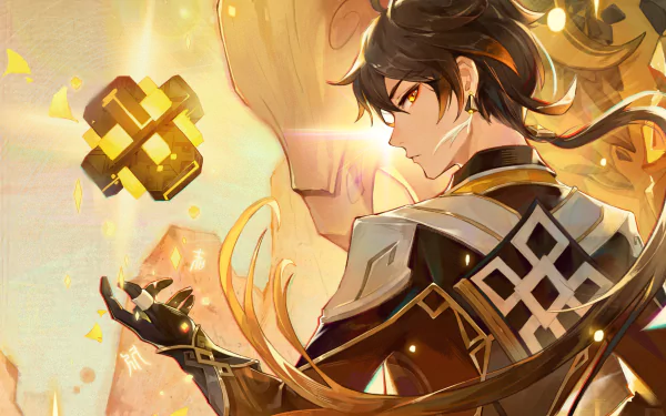 4K Ultra HD PC wallpaper of Genshin Impact: Zhongli faces Azhdaha, wearing ornate Geo armor and summoning a glowing Geo sigil amid golden light.