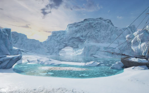 HD desktop wallpaper featuring Dread Hunger game scene with a ship trapped in icy arctic waters surrounded by glaciers.