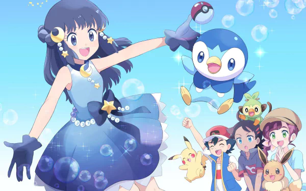 pokeball Eevee (Pokémon) Chloe (Pokémon) Goh (Pokémon) Pikachu Ash Ketchum Piplup (Pokémon) Dawn (Pokémon) Anime Pokemon HD Desktop Wallpaper | Background Image