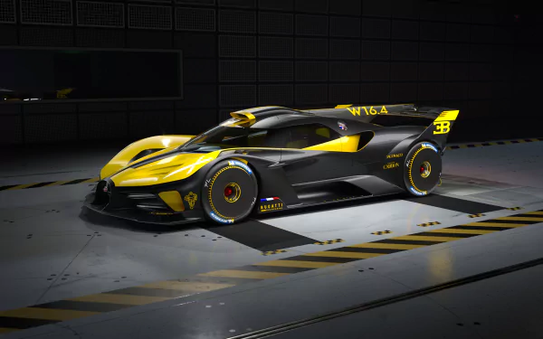 High-resolution 4K Ultra HD desktop wallpaper of a yellow and black Bugatti Bolide supercar parked in a dimly lit garage.
