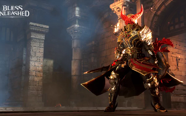 HD Bless Unleashed wallpaper featuring armored character in dynamic pose with castle background.