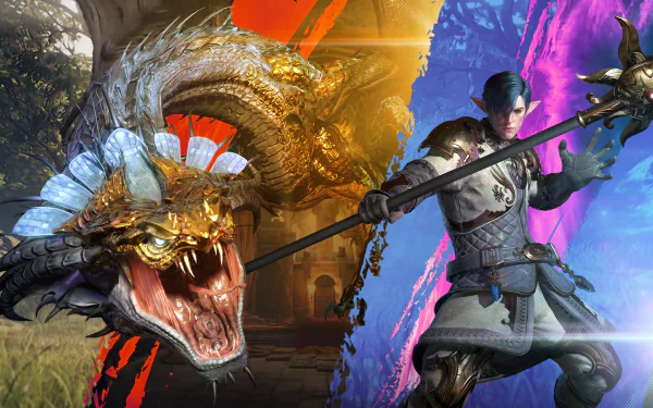 HD desktop wallpaper from Bless Unleashed depicting a warrior in combat with a fiery dragon in a vibrant fantasy setting.