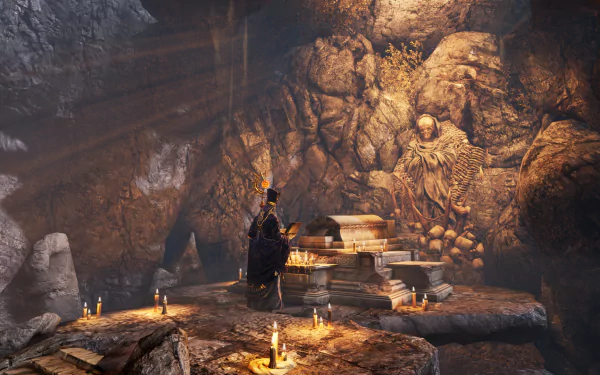 HD desktop wallpaper featuring a scene from Bless Unleashed game with a character standing in a dimly lit, mysterious cave with candles and ancient statues.