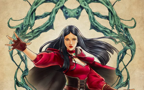 HD PC desktop wallpaper featuring a character from the movie The Witcher: Nightmare of the Wolf with dark hair and a red outfit, surrounded by twisted green vines.