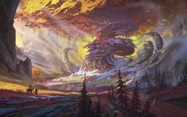 A vibrant fantasy landscape depicting a colossal mythical creature under golden autumn trees, rendered in stunning 4K Ultra HD detail for a PC desktop wallpaper.