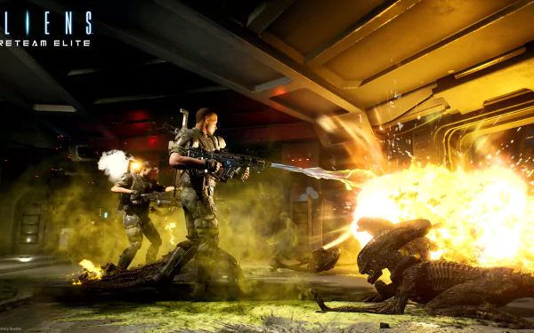 HD wallpaper from Aliens: Fireteam Elite game featuring soldiers battling with aliens in an explosive encounter.