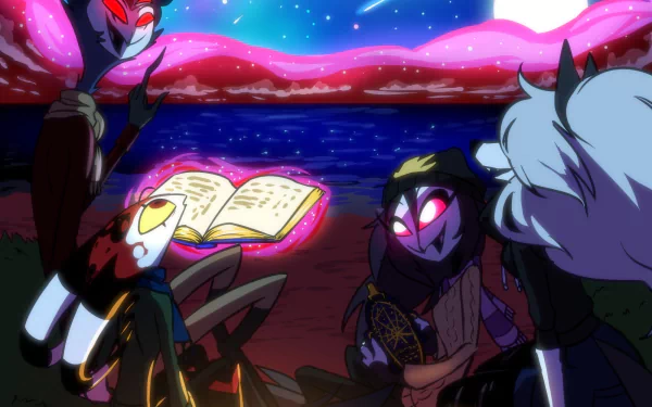 HD PC desktop wallpaper featuring Blitzo, Stolas, Octavia, and Loona from the TV show Helluva Boss gathered around a glowing book by a vibrant lakeside at night.