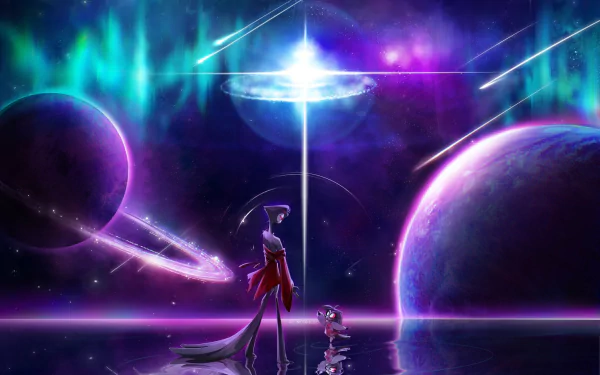 HD PC desktop wallpaper featuring Stolas and Octavia from the TV show Helluva Boss against a vibrant cosmic background with planets and glowing auroras.