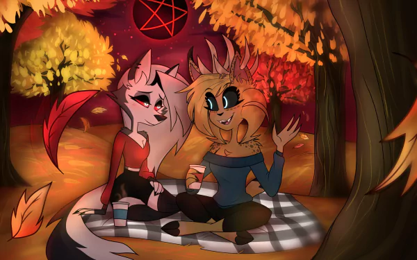 HD PC desktop wallpaper featuring Loona from the TV show Helluva Boss, depicted sitting on a checkered blanket in a vibrant autumn forest with a glowing pentagram overhead.