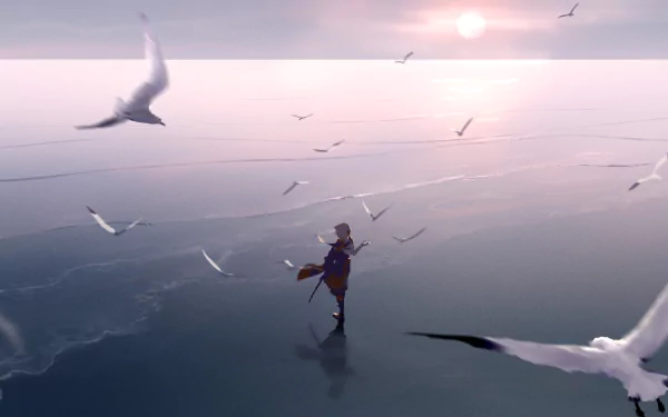 HD desktop wallpaper featuring Kaedehara Kazuha from Genshin Impact, standing amidst a serene ocean with seagulls flying around, under a soft, pastel-colored sky.