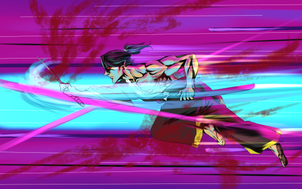 Dynamic HD desktop wallpaper featuring a character from Katana Zero in action with a katana sword, set against a vibrant pink and blue background.