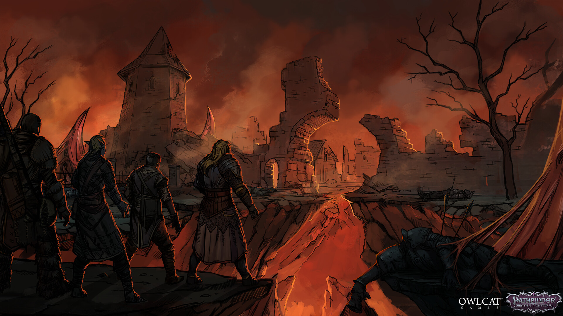 HD desktop wallpaper featuring a scene from Pathfinder: Wrath of the Righteous, with characters overlooking a fiery, war-torn landscape.