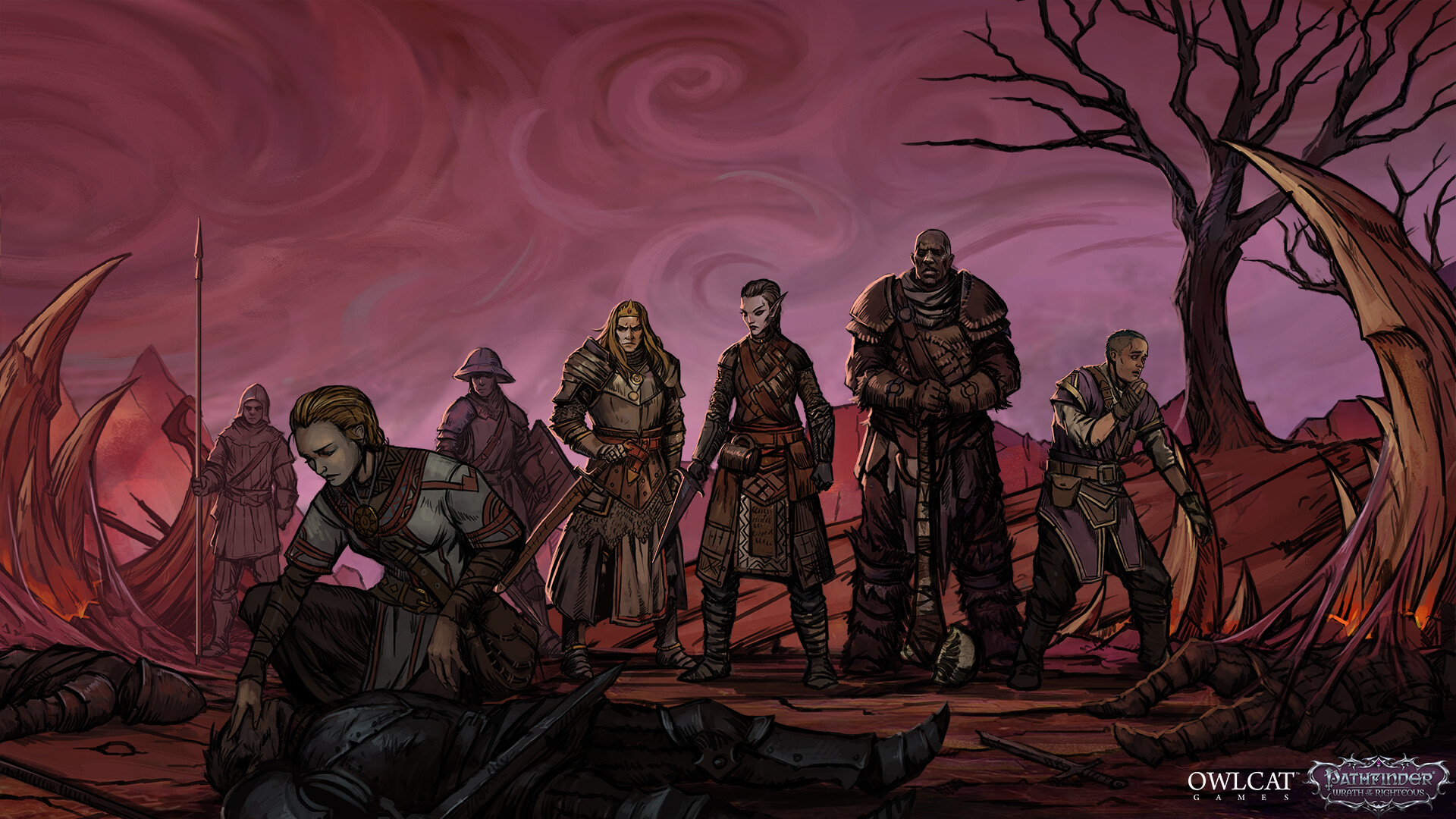 Pathfinder: Wrath of the Righteous HD desktop wallpaper featuring an illustrated group of fantasy characters ready for battle in a dark, mystical landscape.