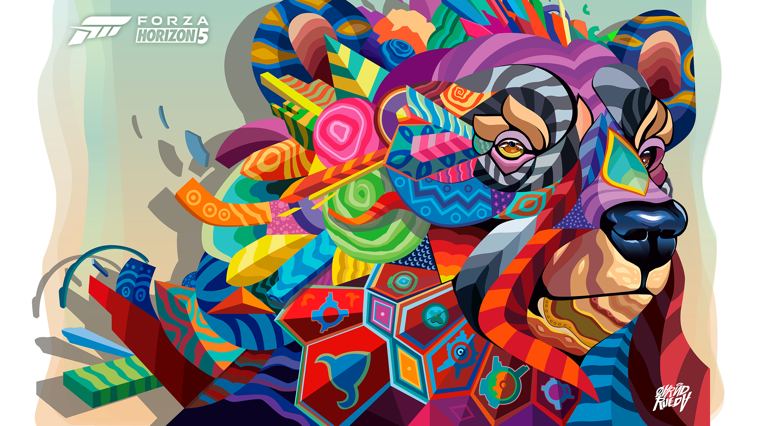 Colorful abstract bear illustration HD wallpaper for Forza Horizon 5 desktop background.