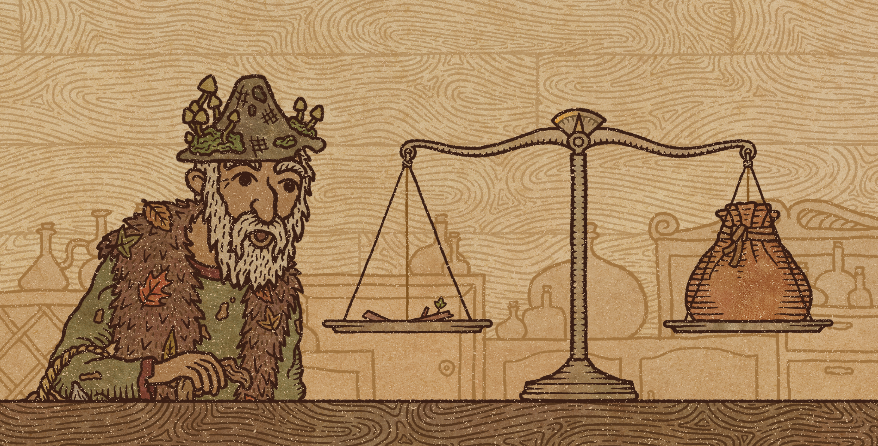Potion Craft Alchemist Simulator game artwork featuring a bearded alchemist with a potion-studded hat beside a balance scale and potion flasks, perfect as a HD desktop wallpaper or background.
