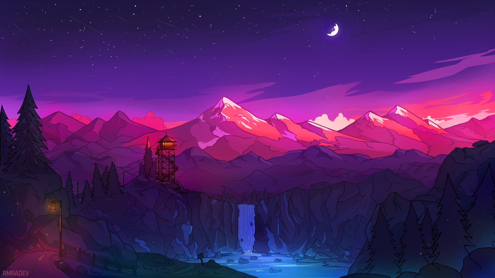 Artistic mountain landscape at twilight: pink-lit peaks, crescent moon, waterfall and watchtower on a cliff — 4K Ultra HD PC desktop wallpaper/background.