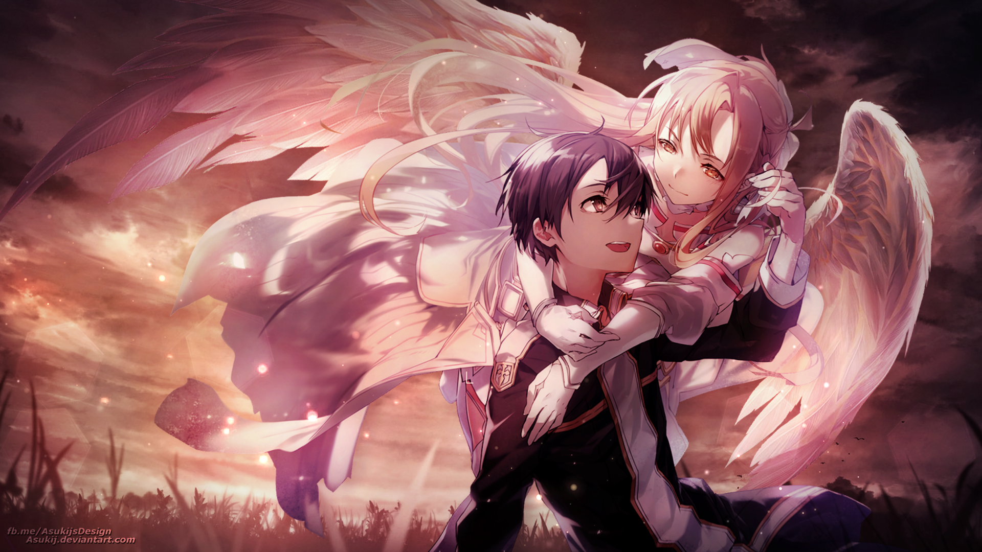 Anime HD PC wallpaper featuring Kirito and Asuna Yuuki from Sword Art Online portrayed as an angelic pair with wings in a glowing, ethereal setting.