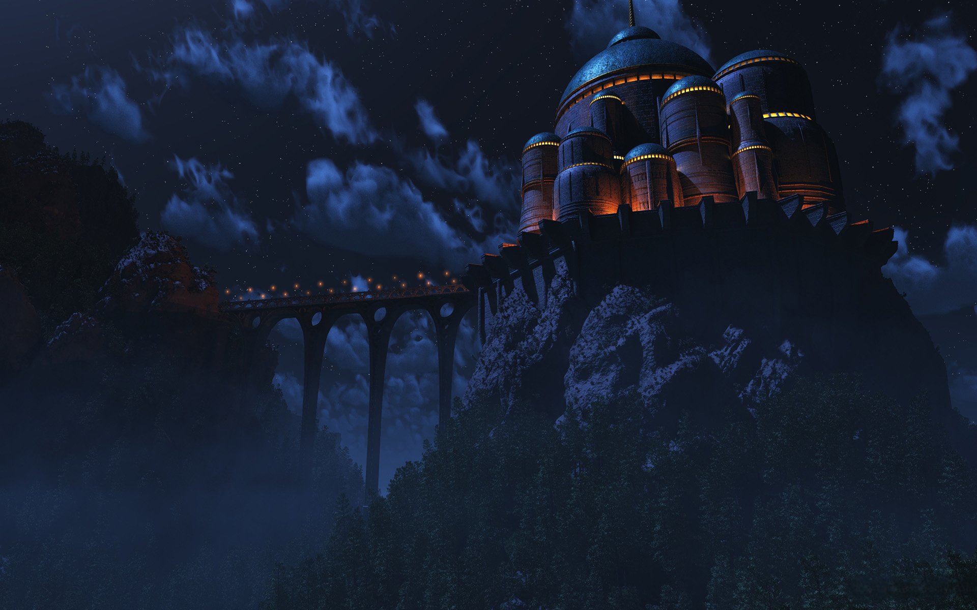 A high-definition wallpaper showing a fantasy city perched atop a mountain, illuminated against a starry night sky. A bridge connects the fortress-like structure to another rocky outcrop.
