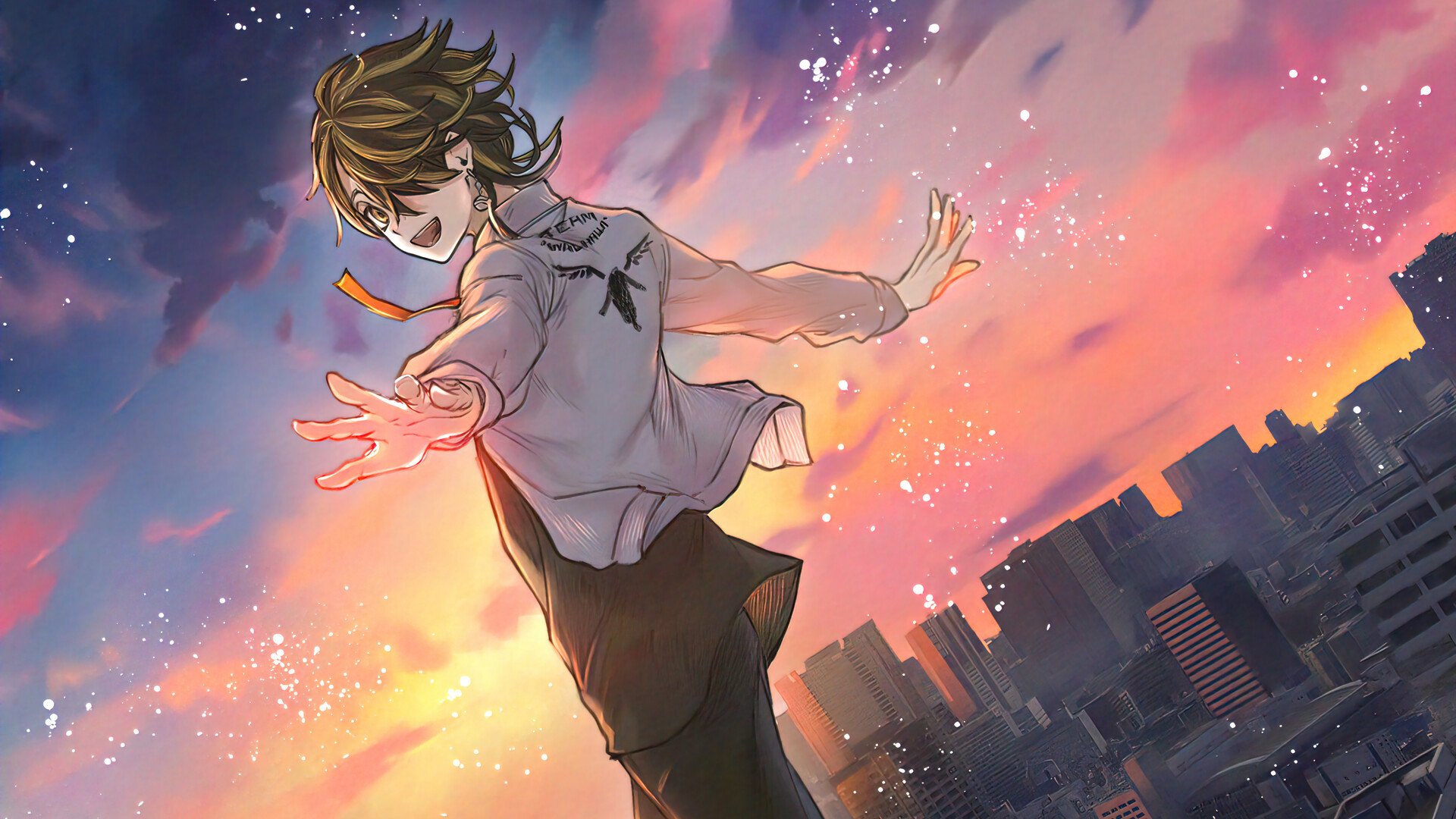 HD anime desktop wallpaper featuring Kazutora Hanemiya from Tokyo Revengers striking a dynamic pose against a colorful sunset cityscape background.