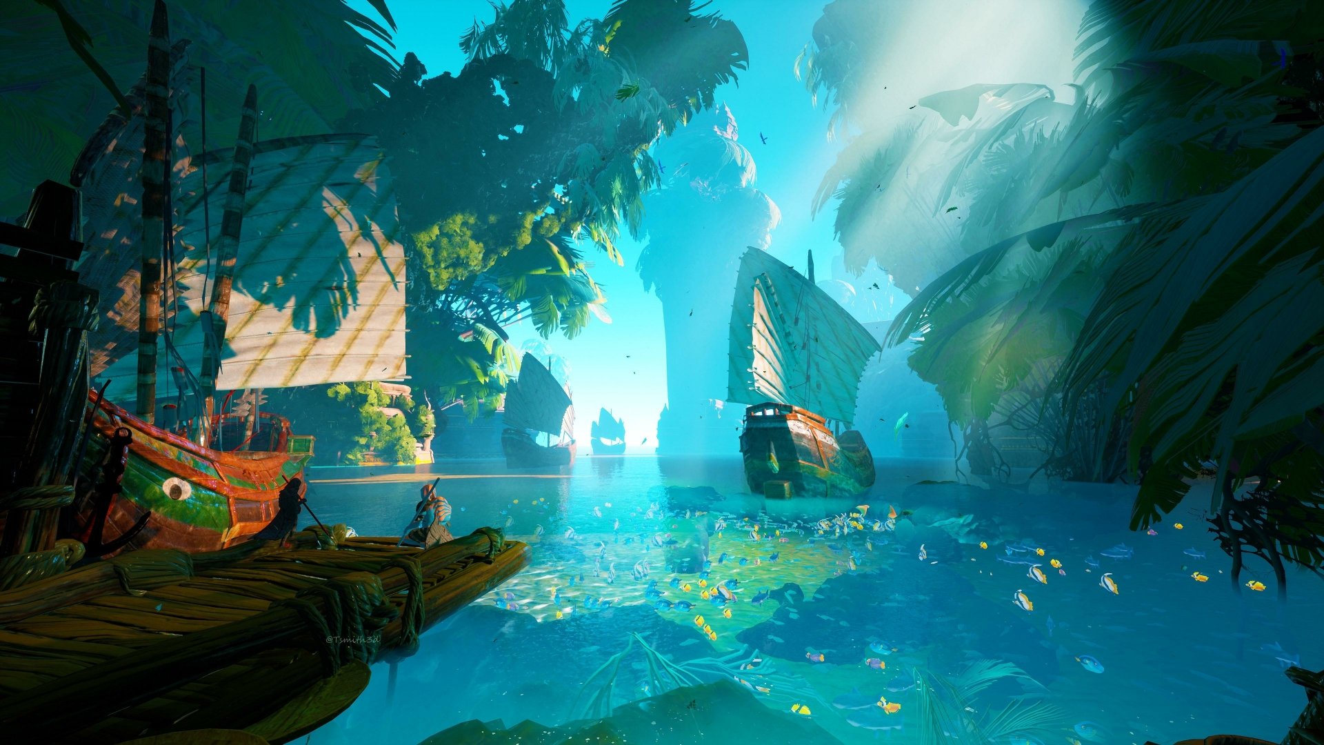 A vibrant fantasy ship sails through a mystical, sunlit tropical bay with lush greenery, rendered in stunning 4K Ultra HD as a PC desktop wallpaper and background.