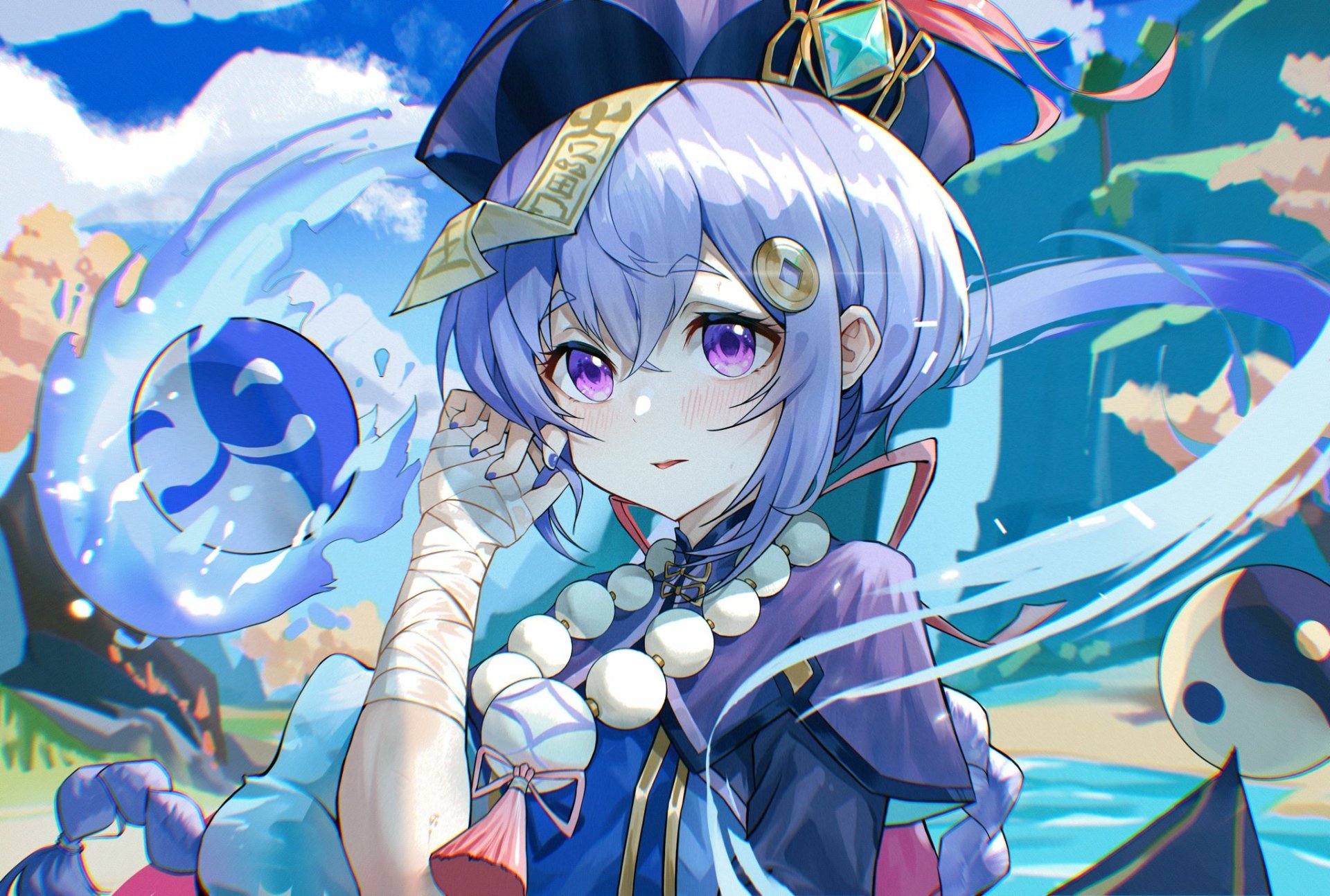 HD PC desktop wallpaper featuring Qiqi from the video game Genshin Impact, showcasing her in a vibrant, detailed anime-style background.