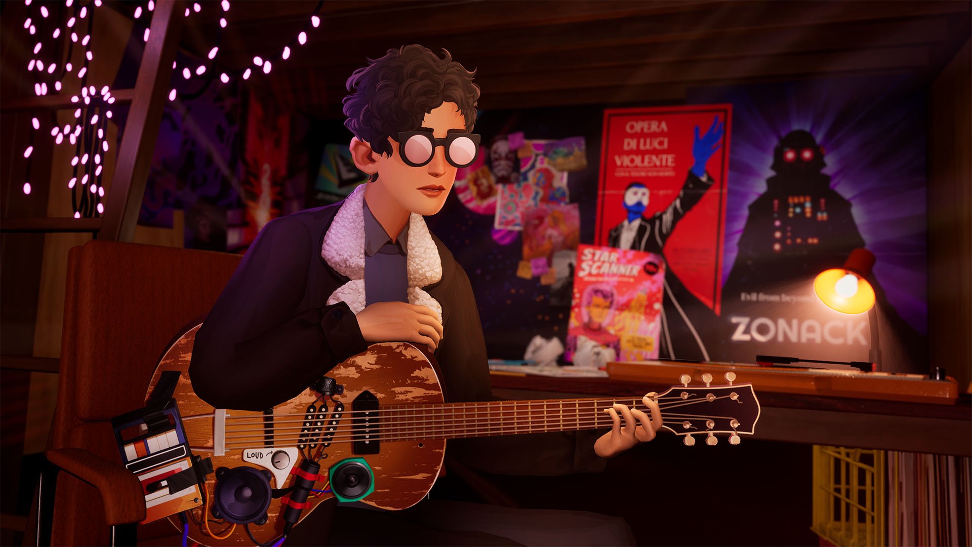 HD desktop wallpaper featuring a character from The Artful Escape game playing a guitar in a cozy, dimly lit room adorned with festive lights and posters.