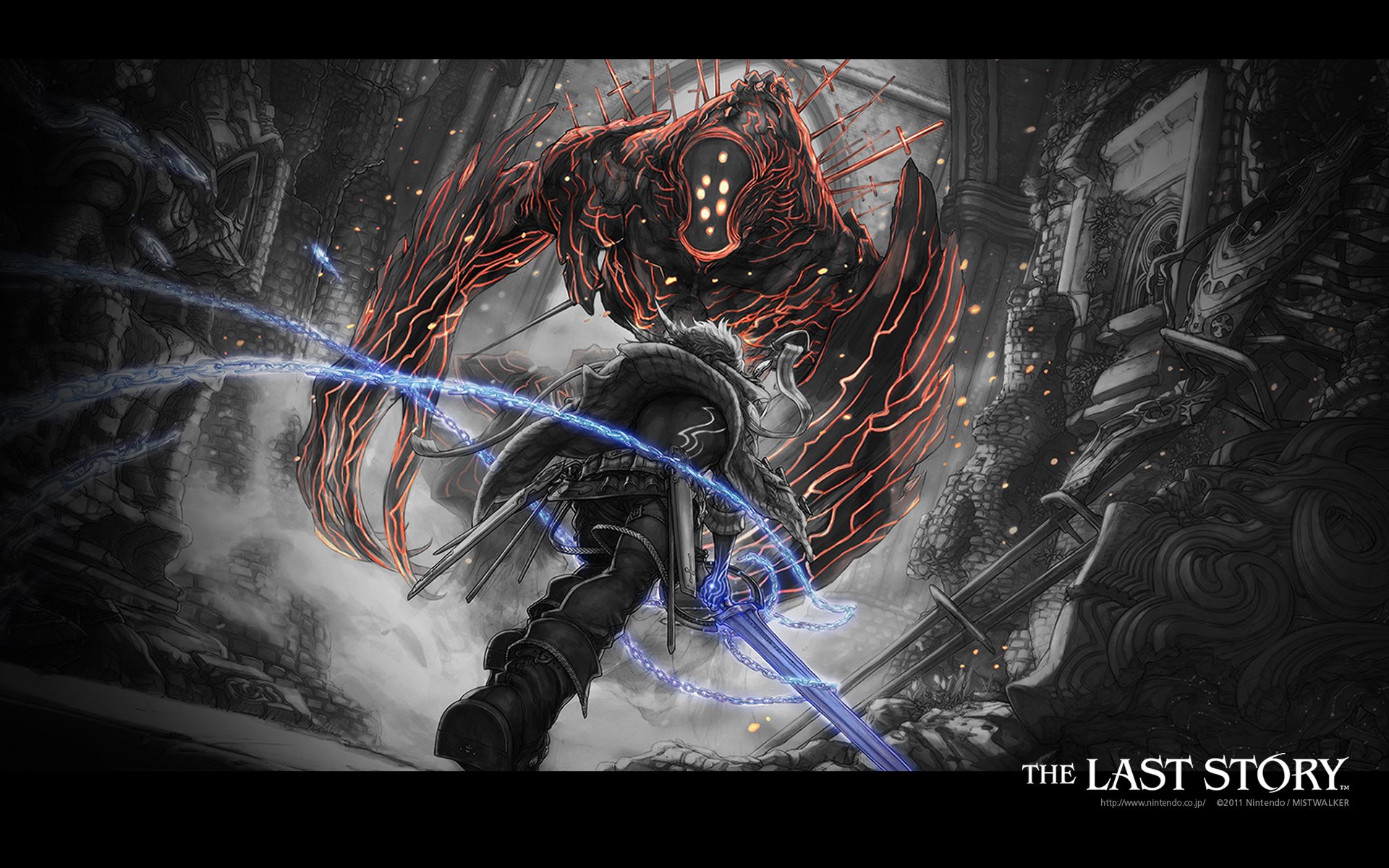 HD PC desktop wallpaper from the video game The Last Story: lone warrior lunges with a glowing blue blade toward a towering fiery-armored beast amid a ruined cityscape.