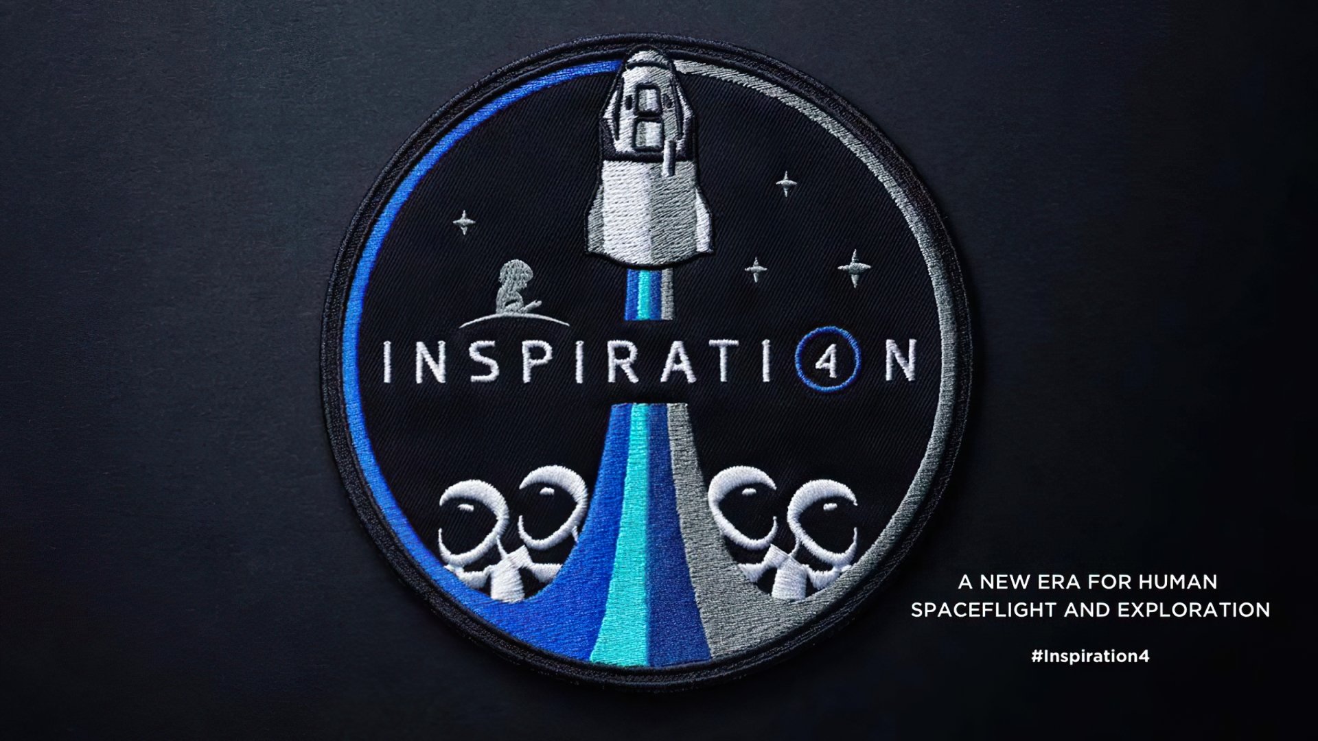 HD desktop wallpaper featuring the Inspiration4 mission patch with a stylized spacecraft and text heralding a new era for human spaceflight and exploration.
