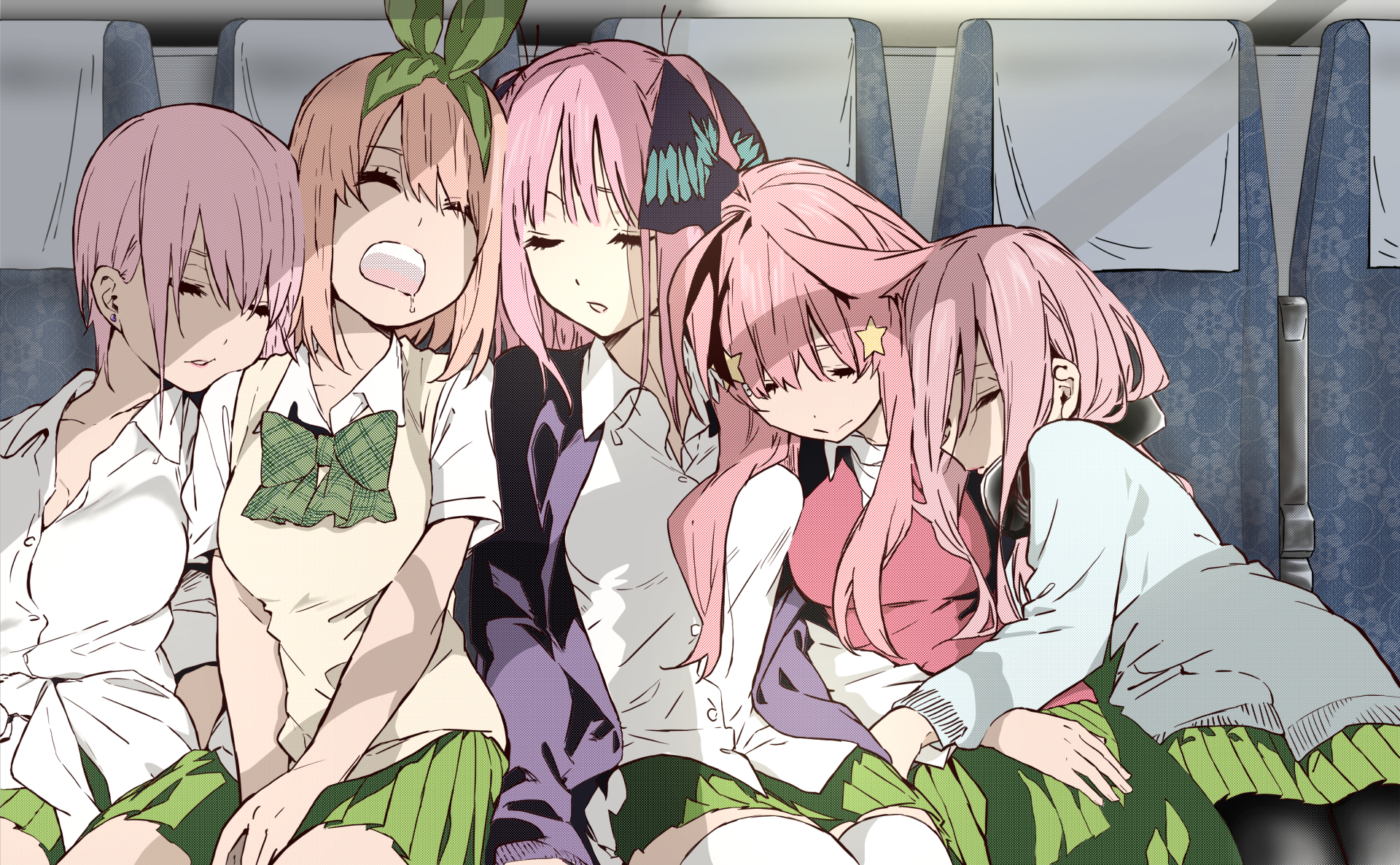 HD anime wallpaper featuring Yotsuba, Miku, Ichika, and Nino Nakano from The Quintessential Quintuplets, all resting together with peaceful expressions.