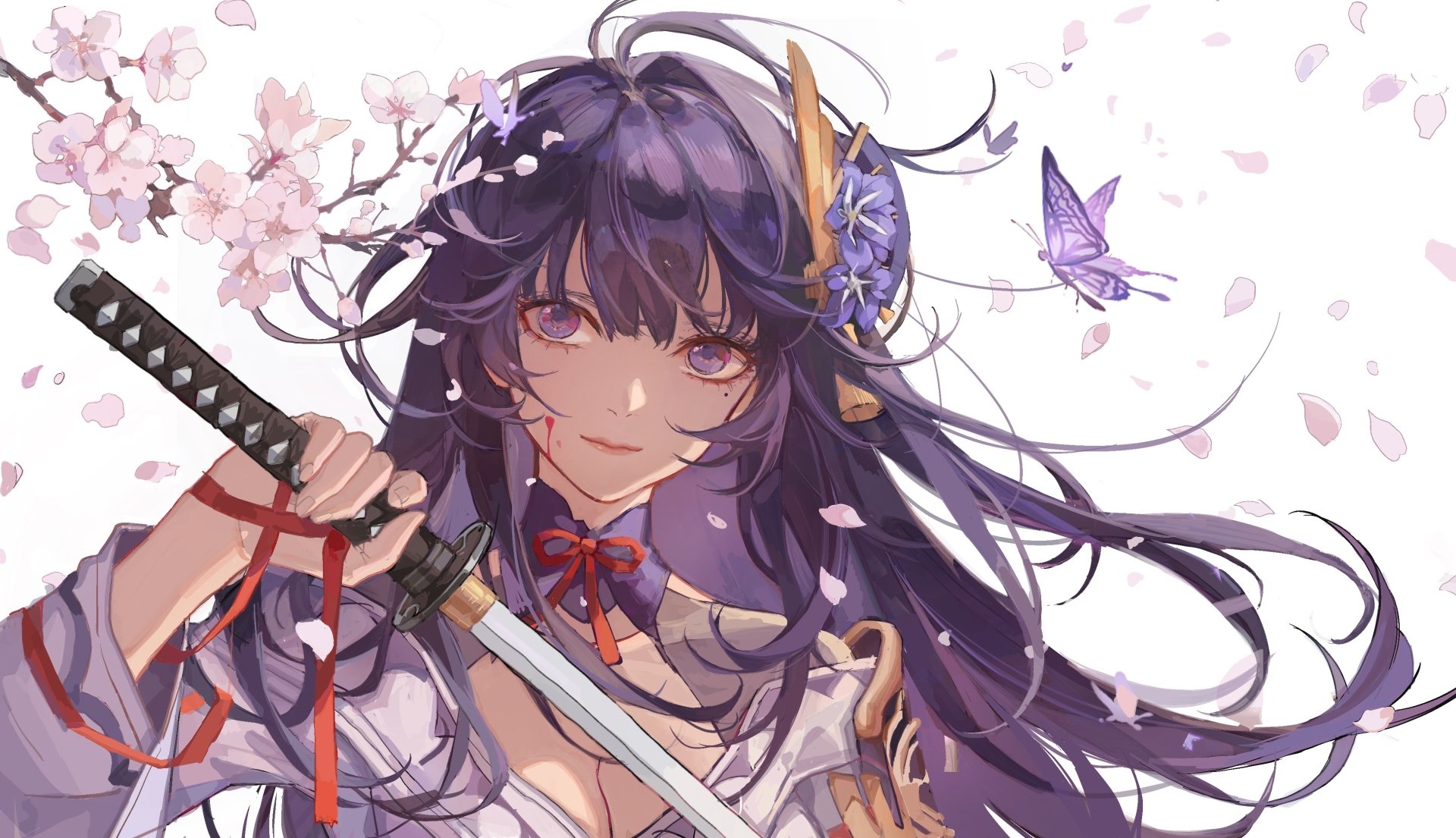 This HD desktop wallpaper features Baal Raiden Shogun from the video game Genshin Impact, depicted with flowing purple hair, a sword, and cherry blossoms in the background.