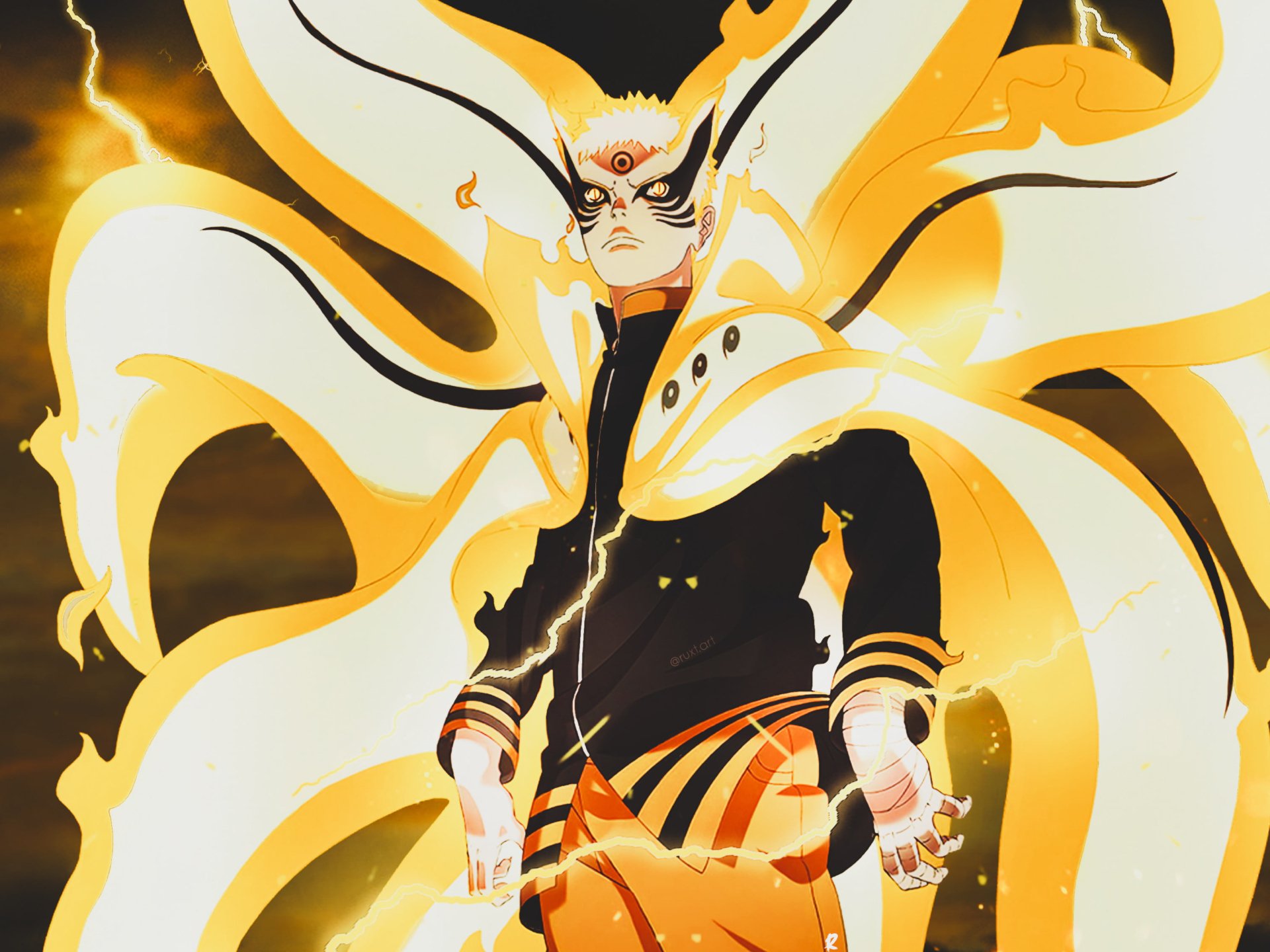 HD PC desktop wallpaper of Naruto Uzumaki in Baryon Mode from Boruto anime, glowing golden chakra and cloak-like energy wings surrounding him.