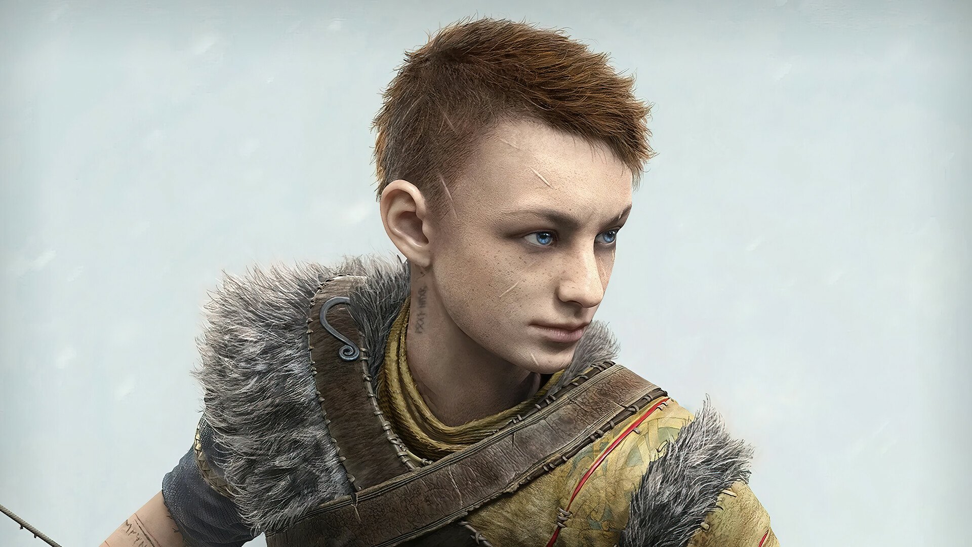 Atreus (God of War: Ragnarök) video game — HD PC desktop wallpaper/background: portrait of the young archer in fur-trimmed armor with short red hair and blue eyes, gazing to the side.
