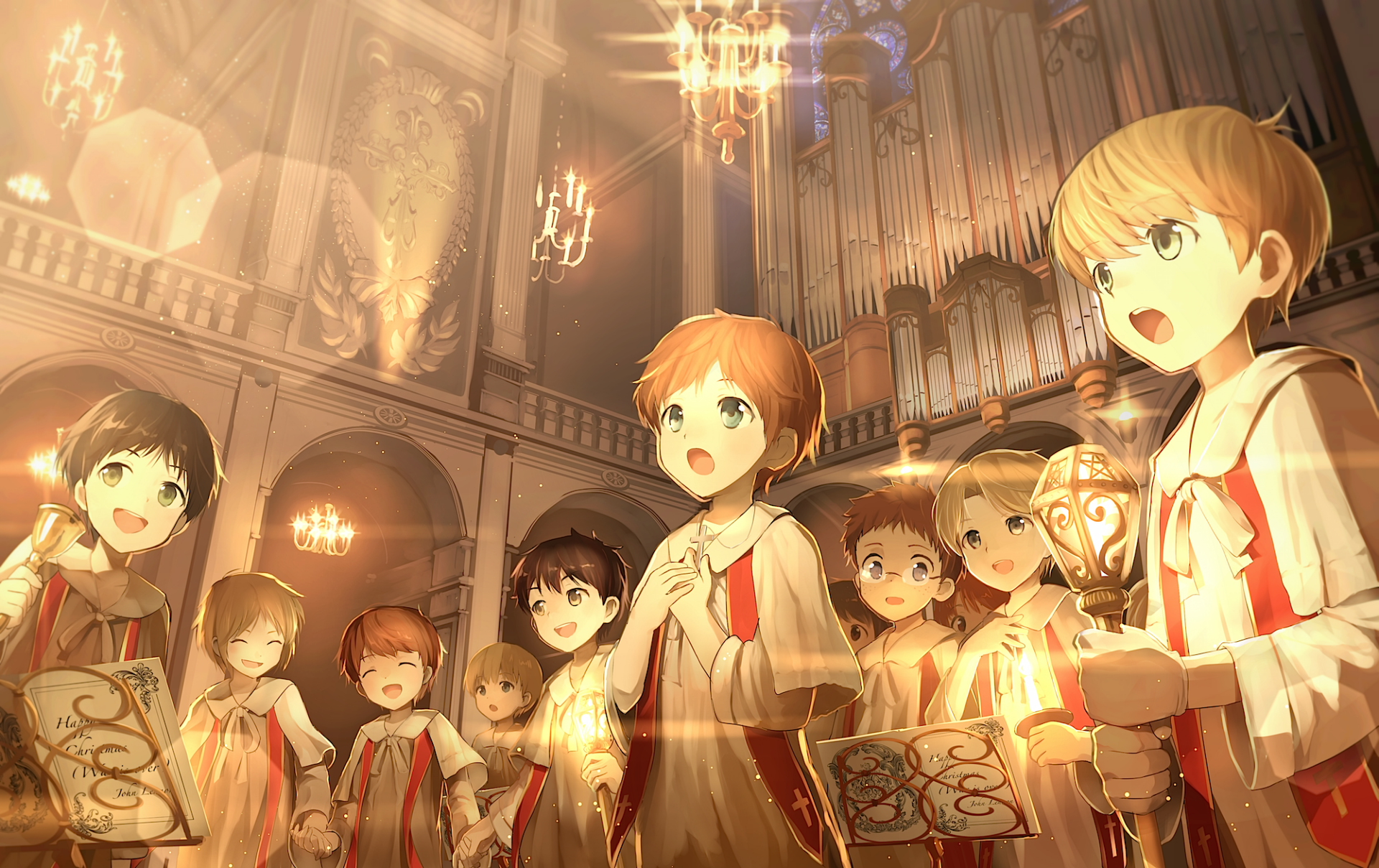 Anime-style children singing in a grand, ornate architectural interior, illuminated by warm chandeliers, captured in a high-definition desktop wallpaper.