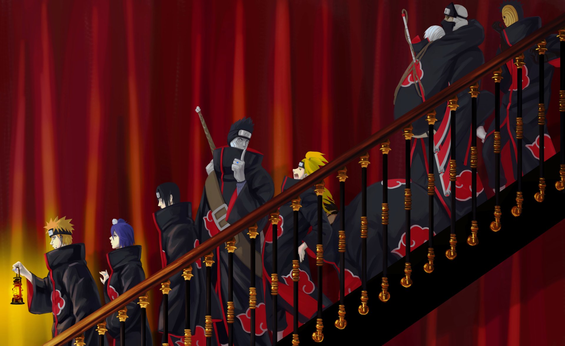 4K Ultra HD PC wallpaper: Akatsuki from Naruto — Obito Uchiha, Itachi Uchiha, Pain, Konan, Kisame Hoshigaki, Deidara, Sasori, Kakuzu, Hidan descend a grand staircase against red curtains.