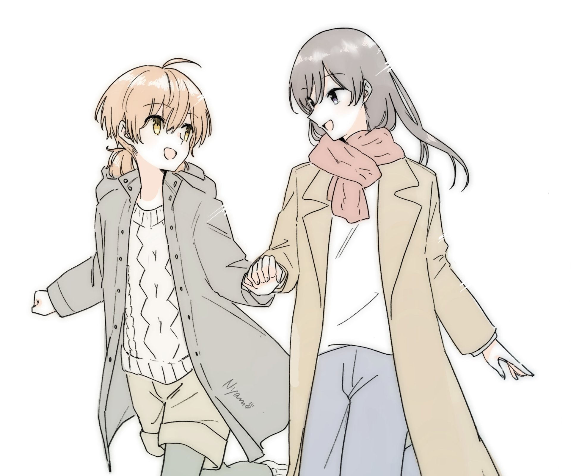 HD anime desktop wallpaper featuring Touko Nanami and Yuu Koito from Bloom into You, holding hands and dressed in cozy winter outfits.