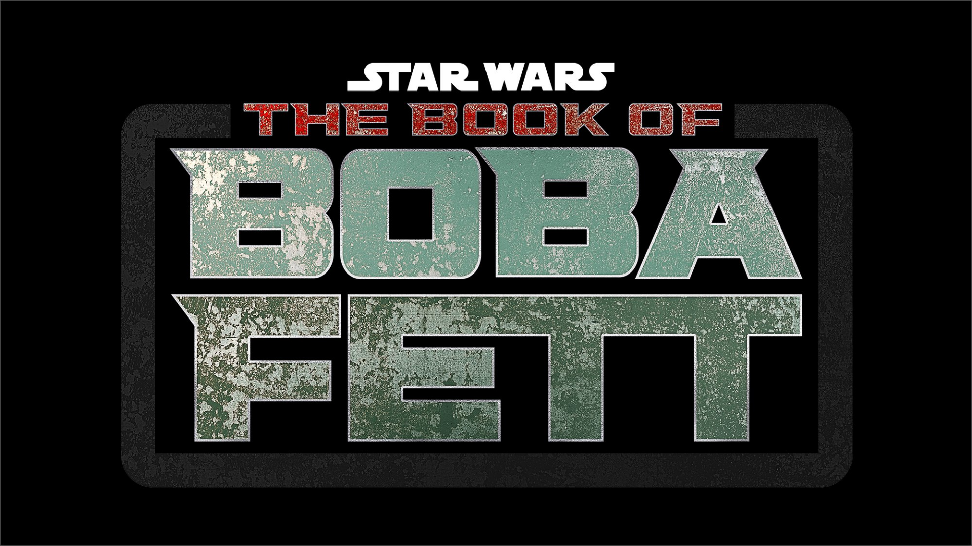 Star Wars: The Book of Boba Fett distressed green-metal logo on a black background, rendered as an HD PC desktop wallpaper and background.