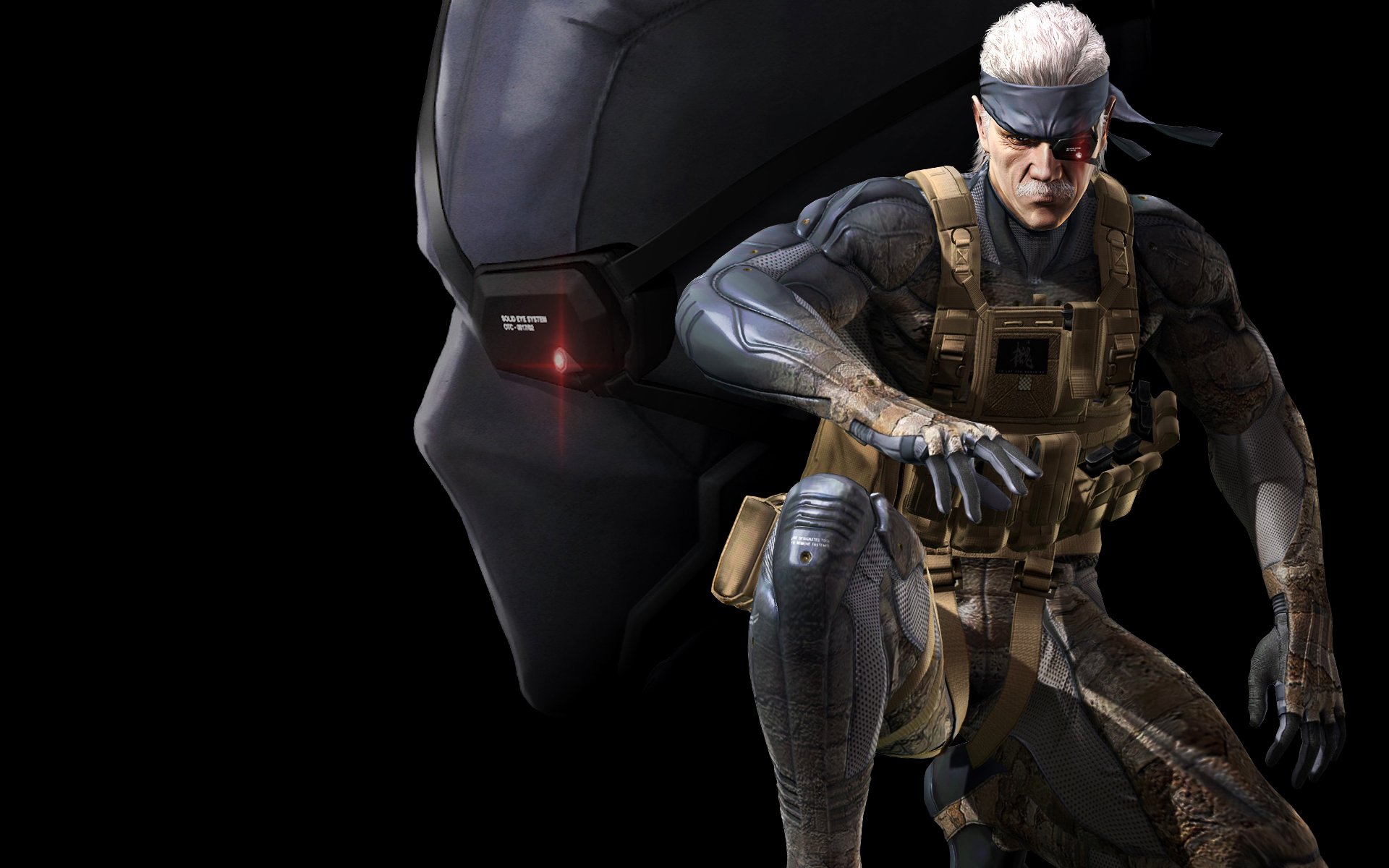A high-definition PC desktop wallpaper featuring a character from the Metal Gear video game series, showcasing a crouching soldier against a dark background.