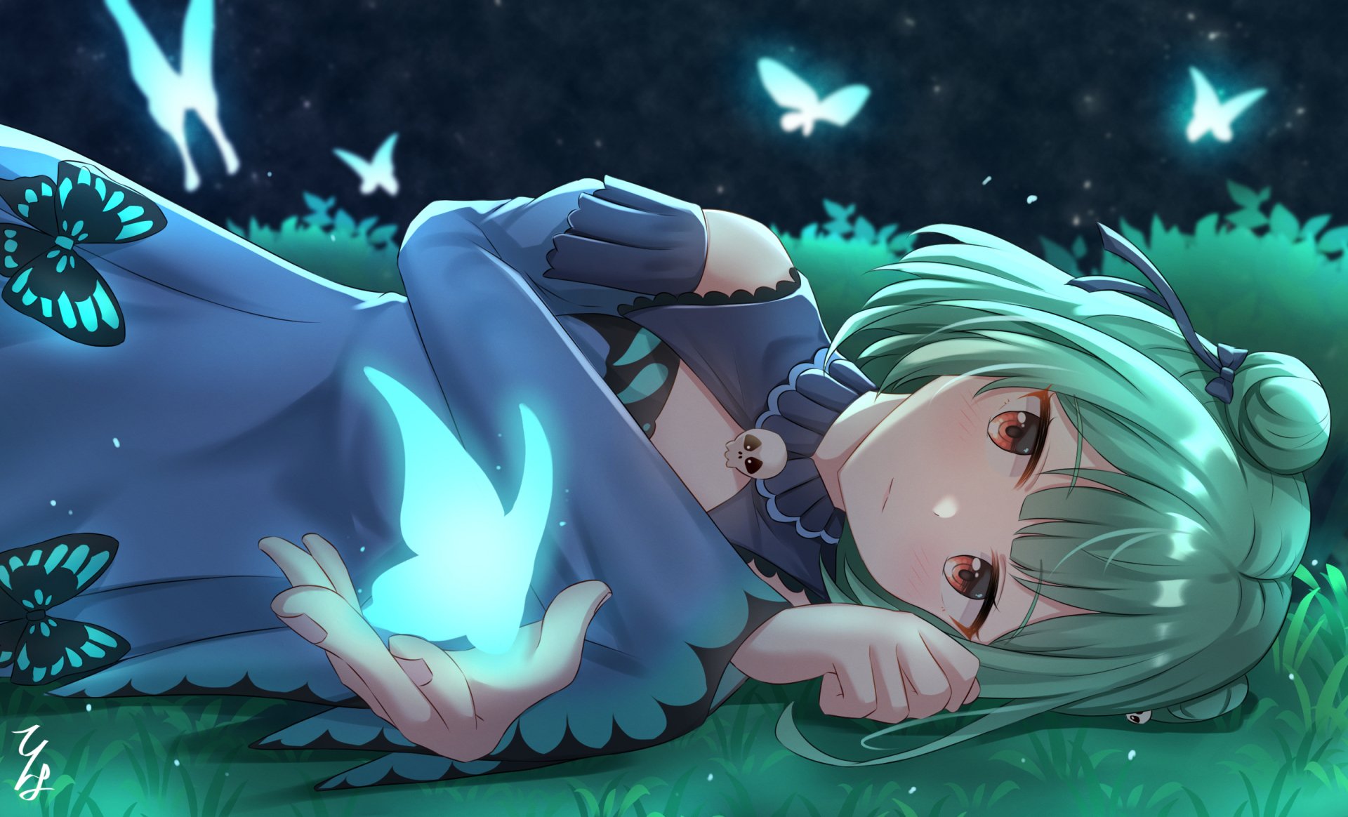 HD anime desktop wallpaper of Uruha Rushia from Hololive, featuring her lying on grass surrounded by glowing blue butterflies in a serene nighttime setting.