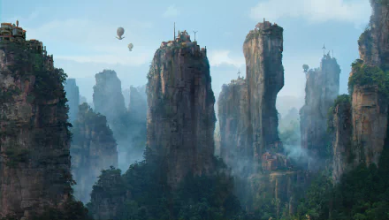 Fantasy cityscape with towering rock formations topped by castles, surrounded by mist and floating hot air balloons, captured in stunning HD for a PC desktop wallpaper.